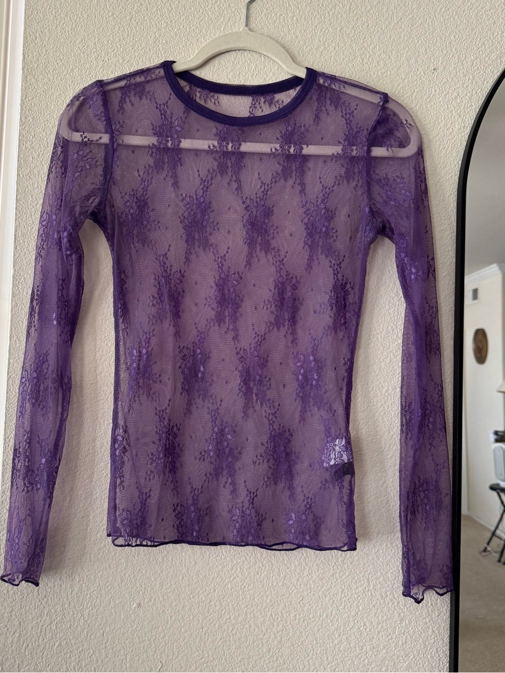 Akewei Y2K Daphne Blake Purple Sheer Floral Lace Mesh Long Sleeve Top Size S